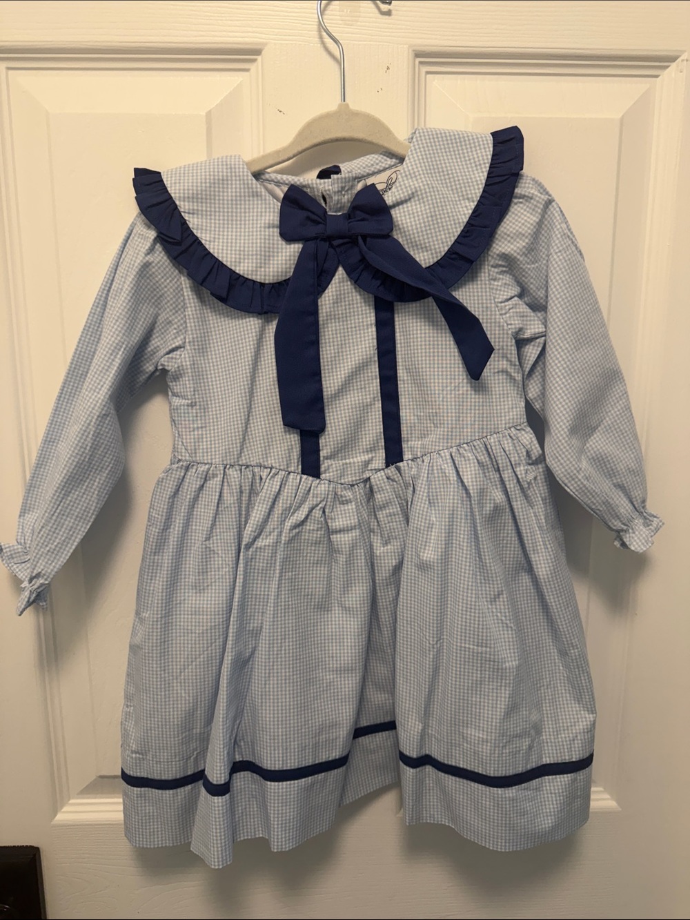 Light Blue Gingham Sailor Dress with Navy Bow for Girls